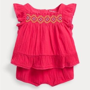 NWT Sz 3m $80 Baby Girl Ruffled Cotton Gauze Top & Bloomer Set